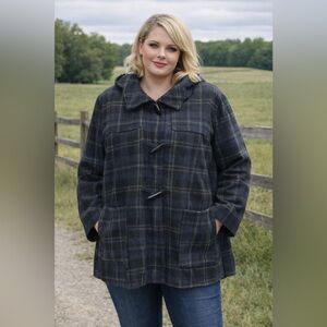 Old Navy Plaid Duffle Coat Hooded Wool Blend Navy Green Women's XXL Country Prep
